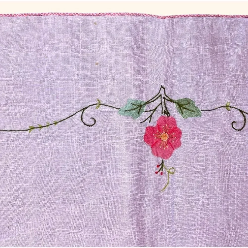 Vintage Handmade Pink Square Embroidered Floral Tablecloth 42 x 41 Appliqué Cute